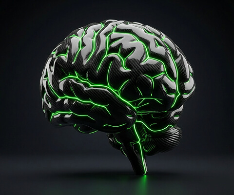Futuristic black brain with glowing green neural lines on a dark background, symbolizing mindset and confidence.