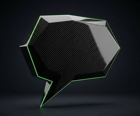 Black speech bubble with carbon texture and green rim light on a dark background, representing clear offers and messaging.