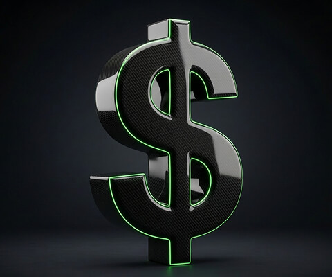 Glossy black dollar symbol with subtle green glow edges on a dark background, representing pricing and premium positioning.