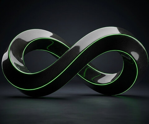 Glossy black infinity symbol with green glow accents on a dark background, representing sustainable and continuous growth.