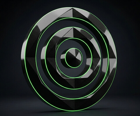 Black metallic target with green illuminated rings on a dark background, symbolizing visibility and demand generation.