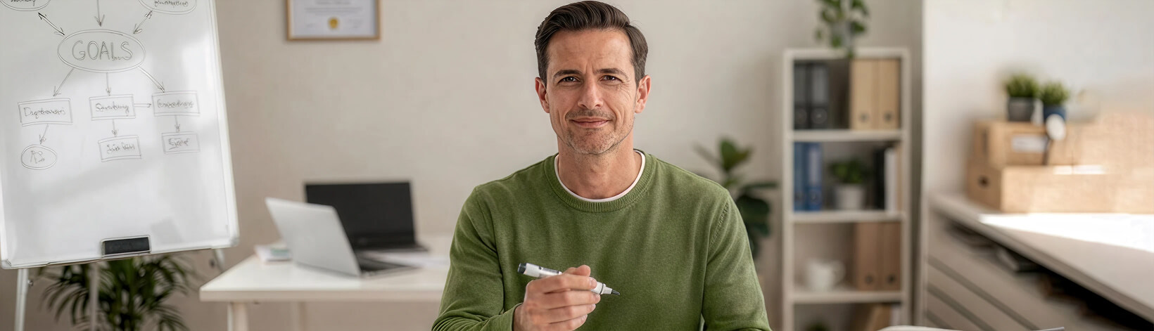The Coaching Business Think Tank • Man in a green sweater sitting at a desk, holding a pen and looking at the camera, with a whiteboard showing a goals diagram and an office workspace in the background.